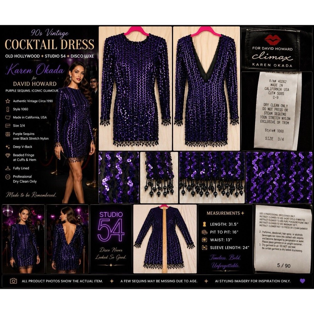 VTG Karen Okada David Howard Purple Sequin Mini Cocktail Dress 90s Glam Beaded